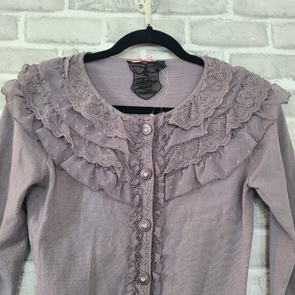 Twelve by Twelve Cardigan Sweater Gray Ruffled Lace Small Whimseygoth Romantic - Picture 7 of 8
